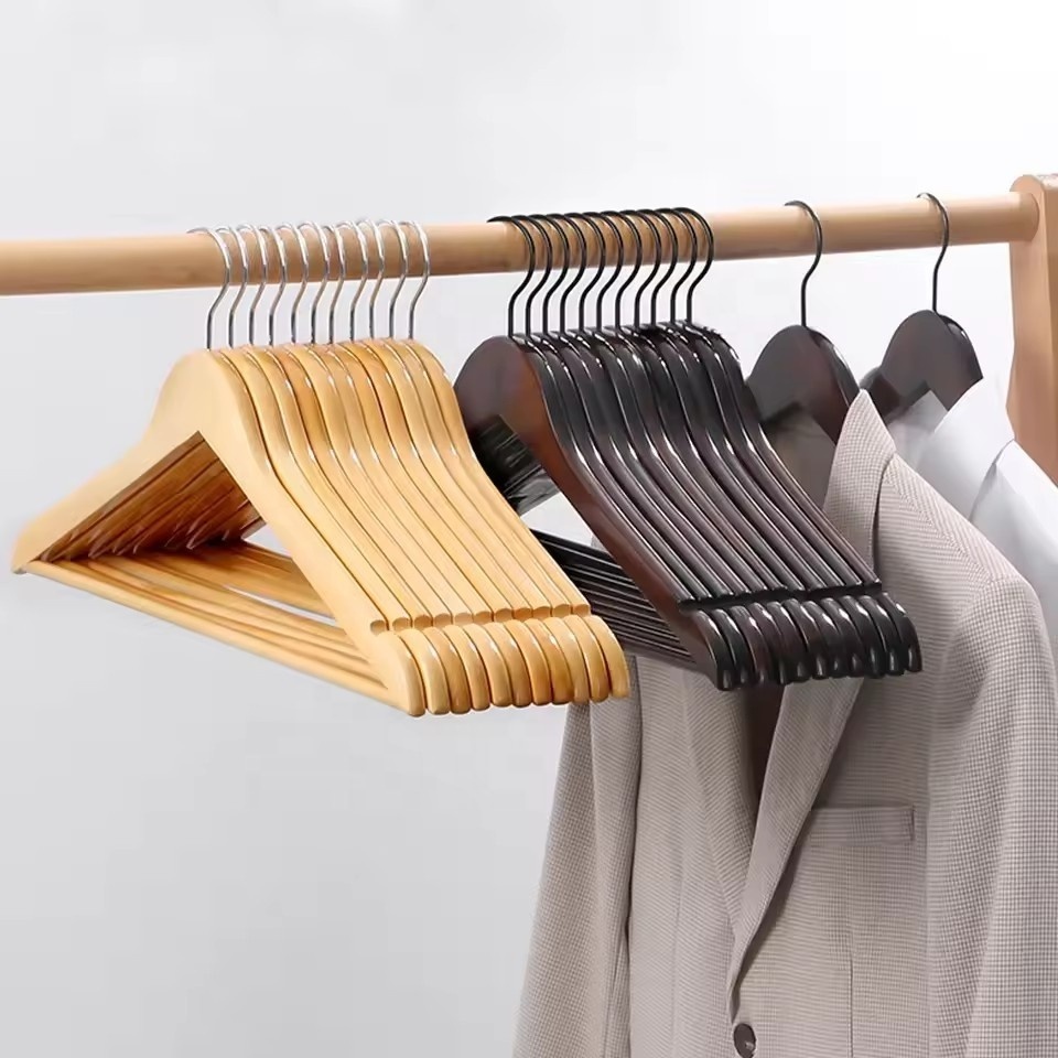 Custom LOGO Premium Suit Hanger Clothes Storage Pants Coat Hangers Natural Eucalyptus Wooden Hangers with Shoulder Grooves