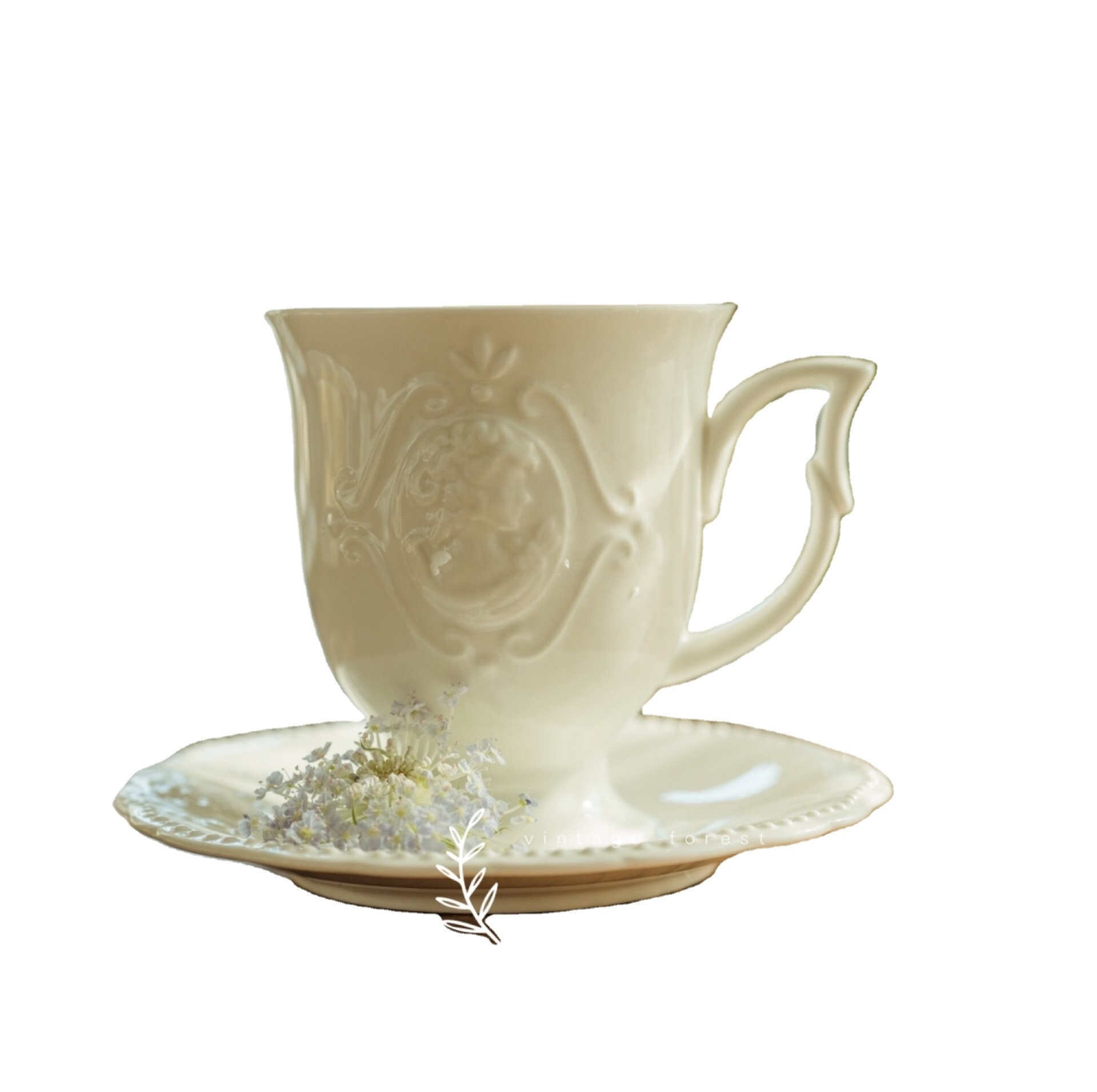 European-Style Retro Relief Bone China Coffee Mug & Saucer White Mug Cheap Ceramic To Go Mugs