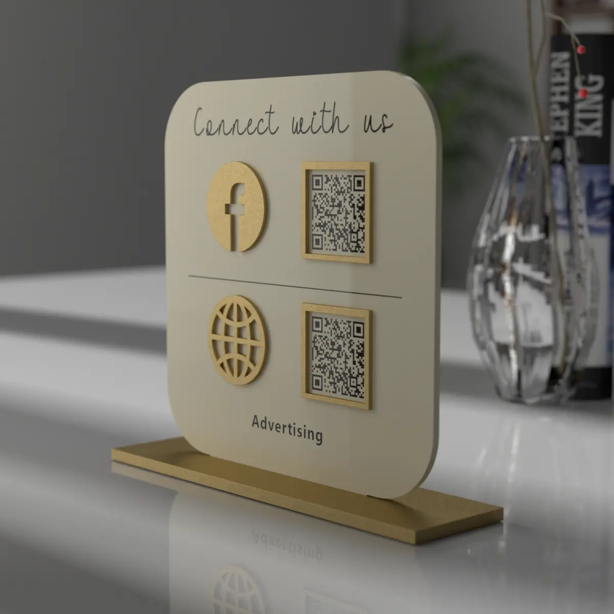 Customize Tabletop Acrylic Or Wooden Facebook Ins Plaque Gold Qr Code Beauty Sign Business Social Media Sign With Stand