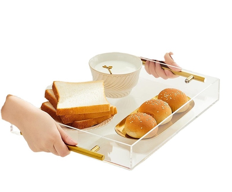 Custom high quality transparent food tray Gold handle acrylic rectangular macaron display tray