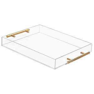 Custom high quality transparent food tray Gold handle acrylic rectangular macaron display tray