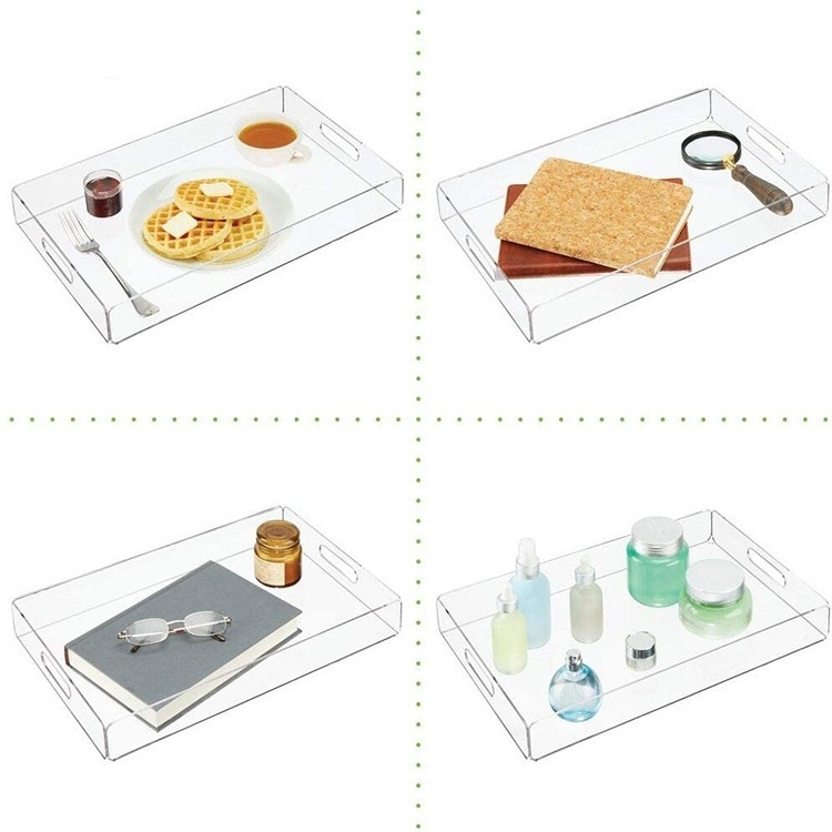 Custom high quality transparent food tray Gold handle acrylic rectangular macaron display tray