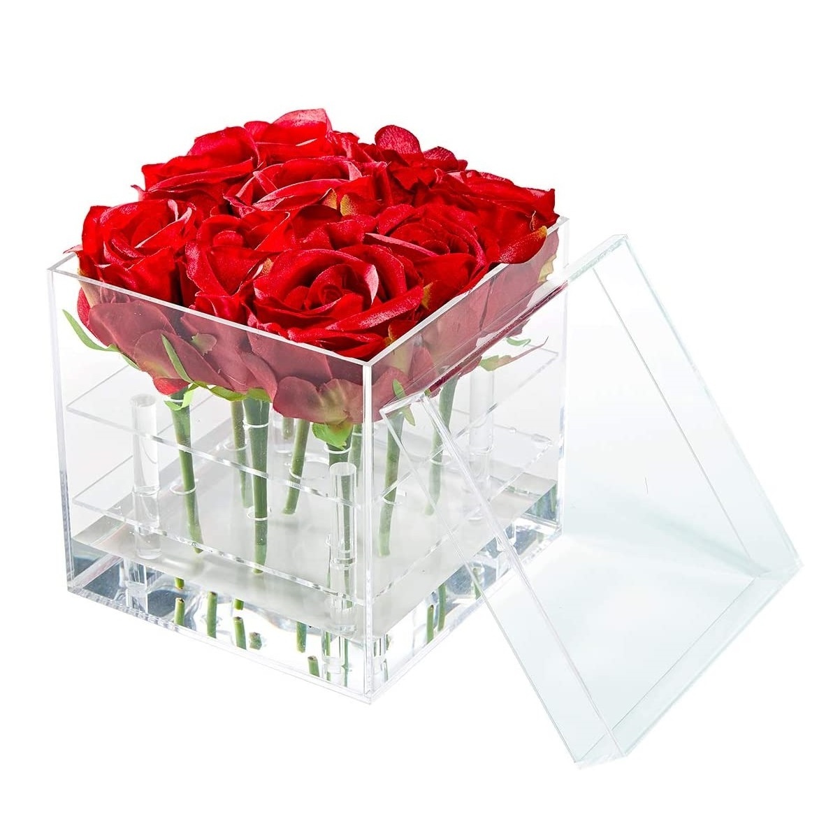 2 Tiers 9 Holes Acrylic Flower Box Water Holder Clear Rose Pots Stand Decorative Square Vase with Removable Acrylic Flower Box