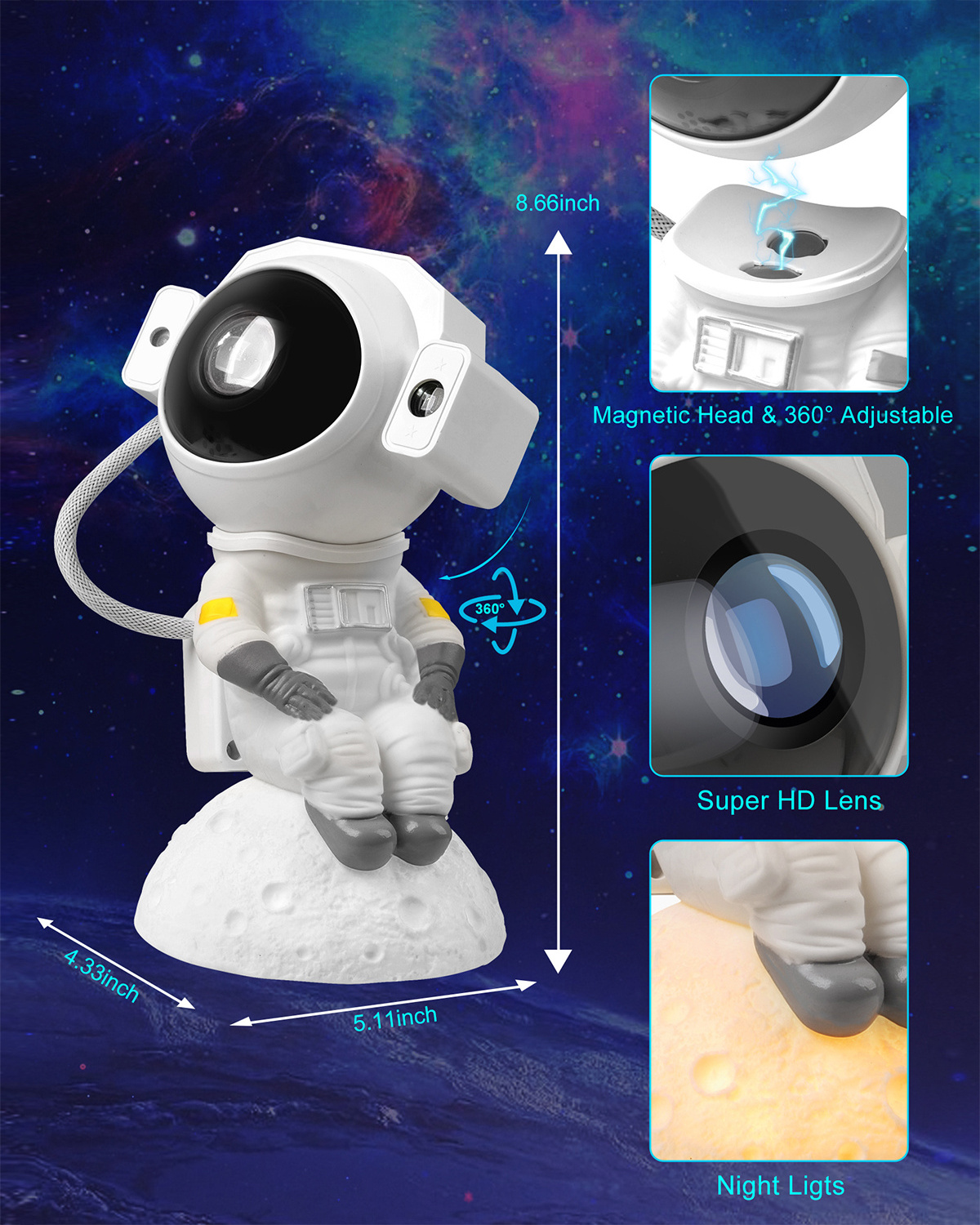 360 Degree Adjustable and Timer Projector Night Light Rechargeable Cute Astronaut Night Light for Kids Bedroom Decoration Light