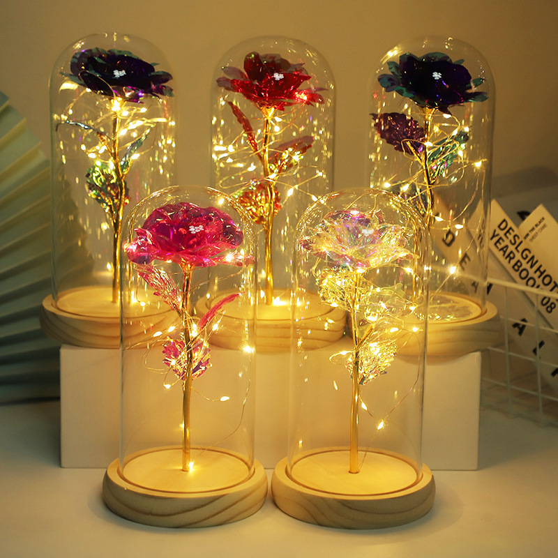 Eternal Rose Forever Valentines Mothers Day Gift Glass Dome Flower 24k Gold Galaxy Rose Led Lamp Light