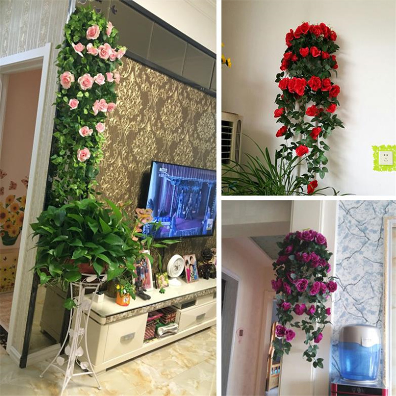 Artificial silk rose vines wall hanging flower rattan used for living room wall and garden decoration flower vine