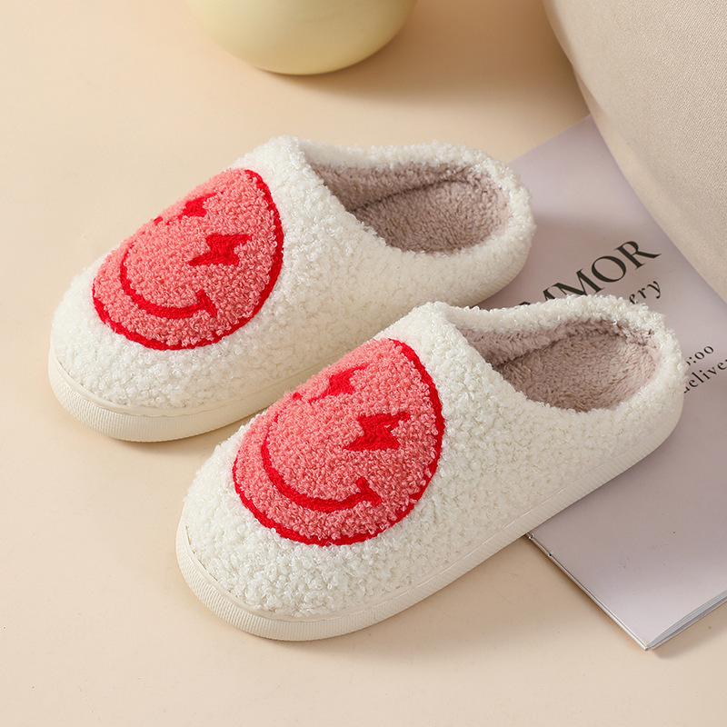 Cartoon Smile Mushroom  Design Woman Slides Hotel Slippers House Indoor Happy Face Home  Winter Furry Plush Slippers