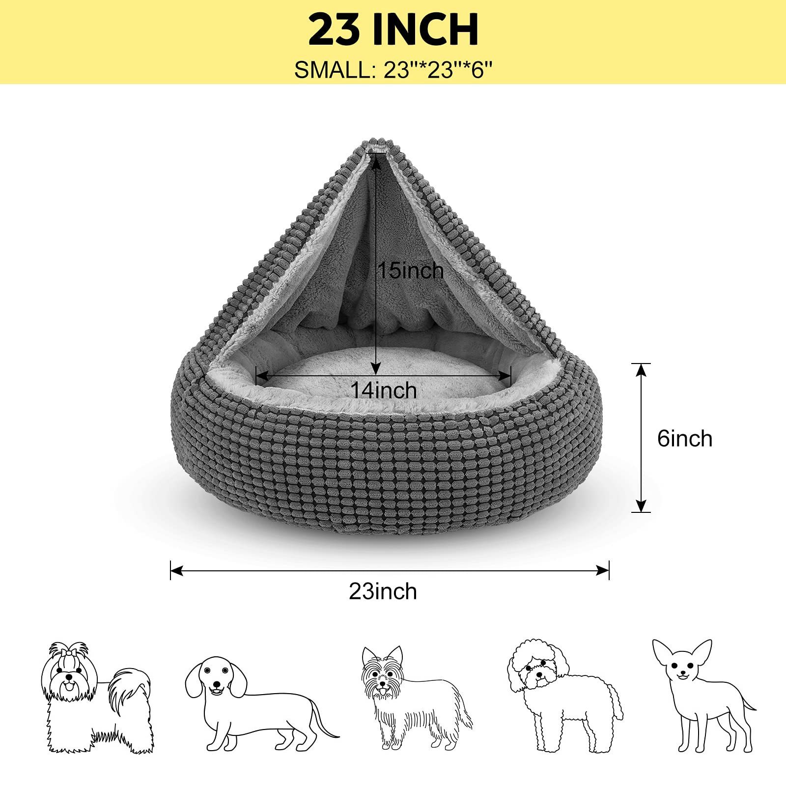 Petdom 23inch Small Dog Bed with Attached Blanket Cozy Donut Cuddler Anti-Anxiety Hooded Pet Beds Calming Cave Bed