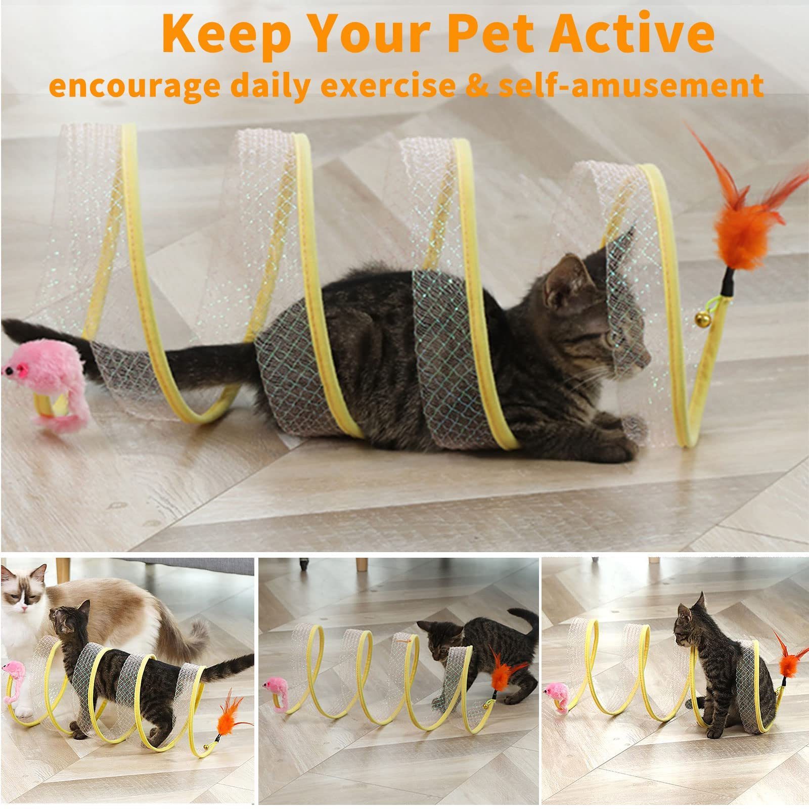 Petdom Exercise Cat Play Tunnel with Interactive Toy for Kitty Kitten Folded Cat Tunnel Spring Cat Tubes and Tunnels Collapsible