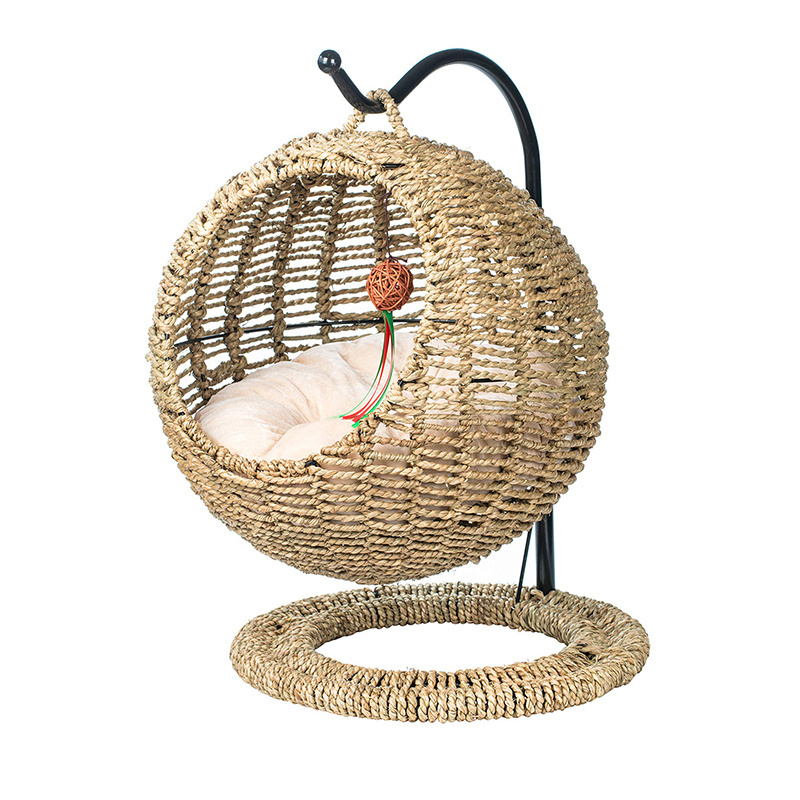 Petdom Hand Made Wicker Warm Comfortable Modern Cat Bed Basket Swinging Pet House Nest for Small Dog Cat with Cushion