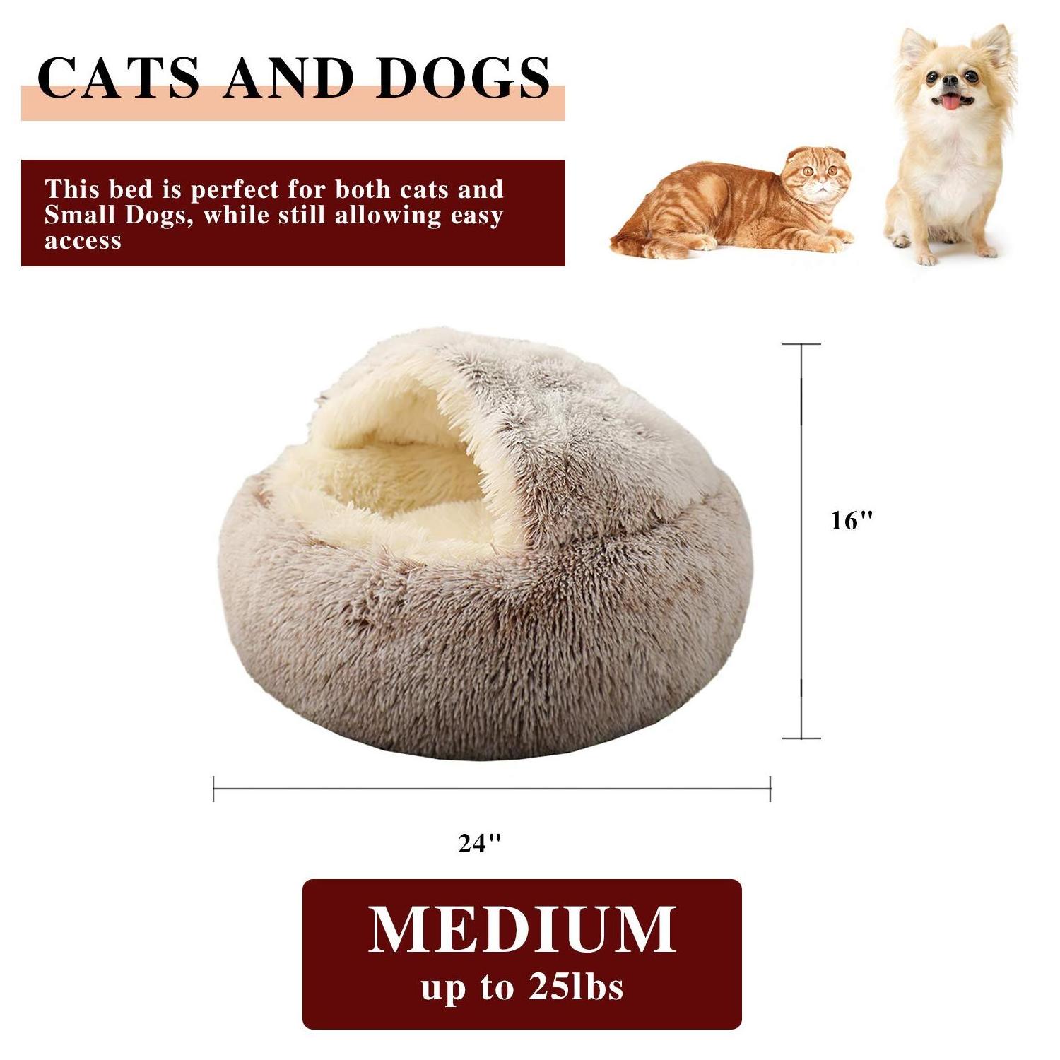 Petdom 2 In 1 Long Plush Fluffy Round Pet Cushion With Canopy Thick Pp Cotton Padding Cat Donut Bed Pet Beds Dog Beds