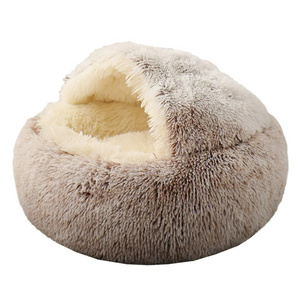 Petdom 2 In 1 Long Plush Fluffy Round Pet Cushion With Canopy Thick Pp Cotton Padding Cat Donut Bed Pet Beds Dog Beds