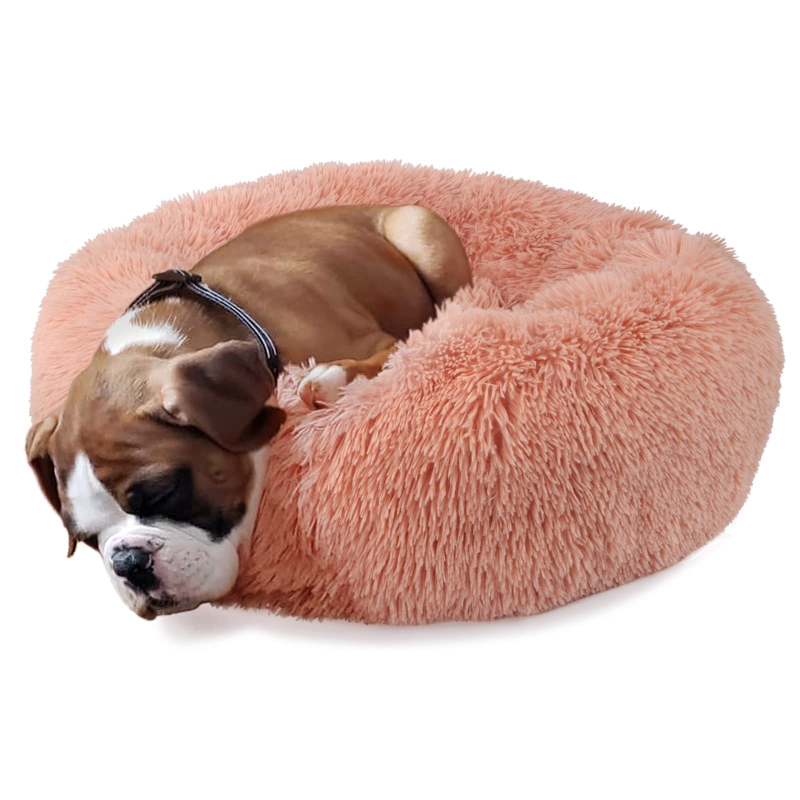 Petdom Luxury Pink Pet Bed Cama Para Perros Anti Anxiety Long Faux Fur Super Soft Fabric Comfortable Donut Round Dog Bed