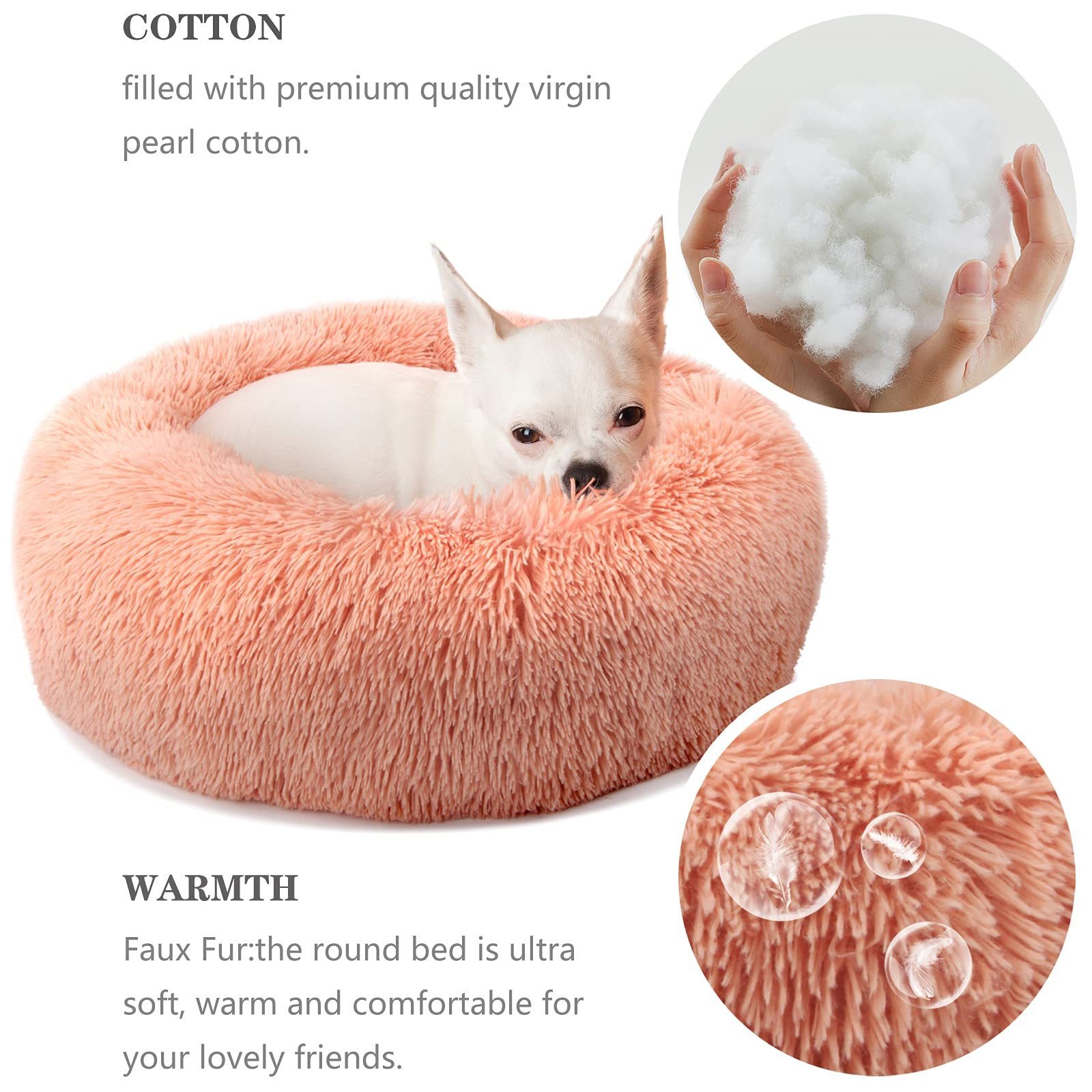 Petdom Luxury Pink Pet Bed Cama Para Perros Anti Anxiety Long Faux Fur Super Soft Fabric Comfortable Donut Round Dog Bed