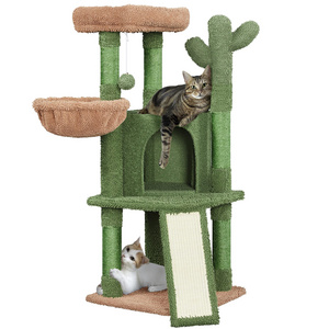 Petdom 42" Natural Sisal Cactus Cat Tree Scratcher With Hanging Ball Suitable For Indoor Big Cat Scratching Post Pet Toy