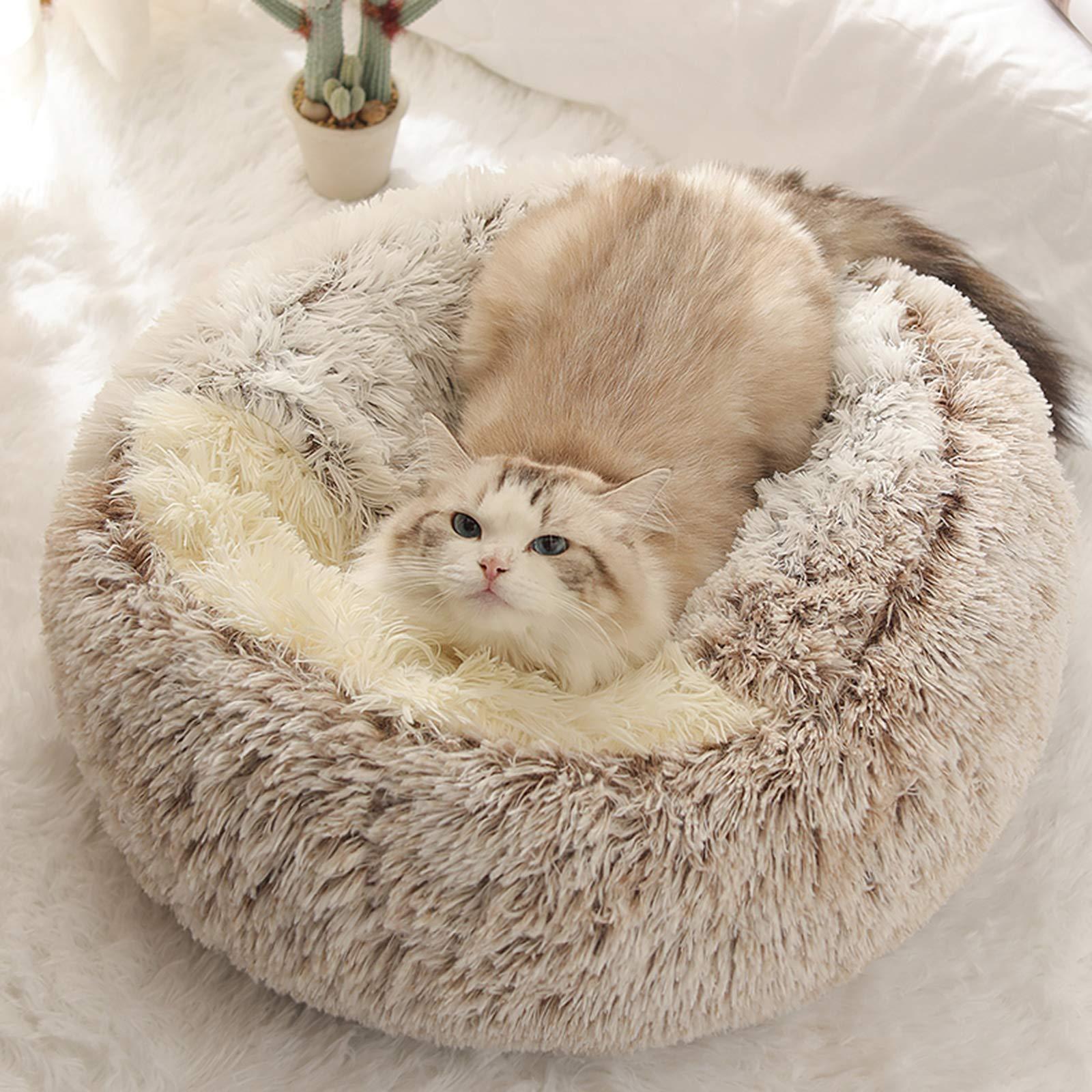 Petdom 2 In 1 Long Plush Fluffy Round Pet Cushion With Canopy Thick Pp Cotton Padding Cat Donut Bed Pet Beds Dog Beds