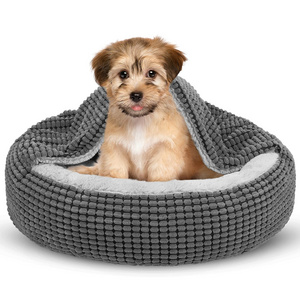 Petdom 23inch Small Dog Bed with Attached Blanket Cozy Donut Cuddler Anti-Anxiety Hooded Pet Beds Calming Cave Bed