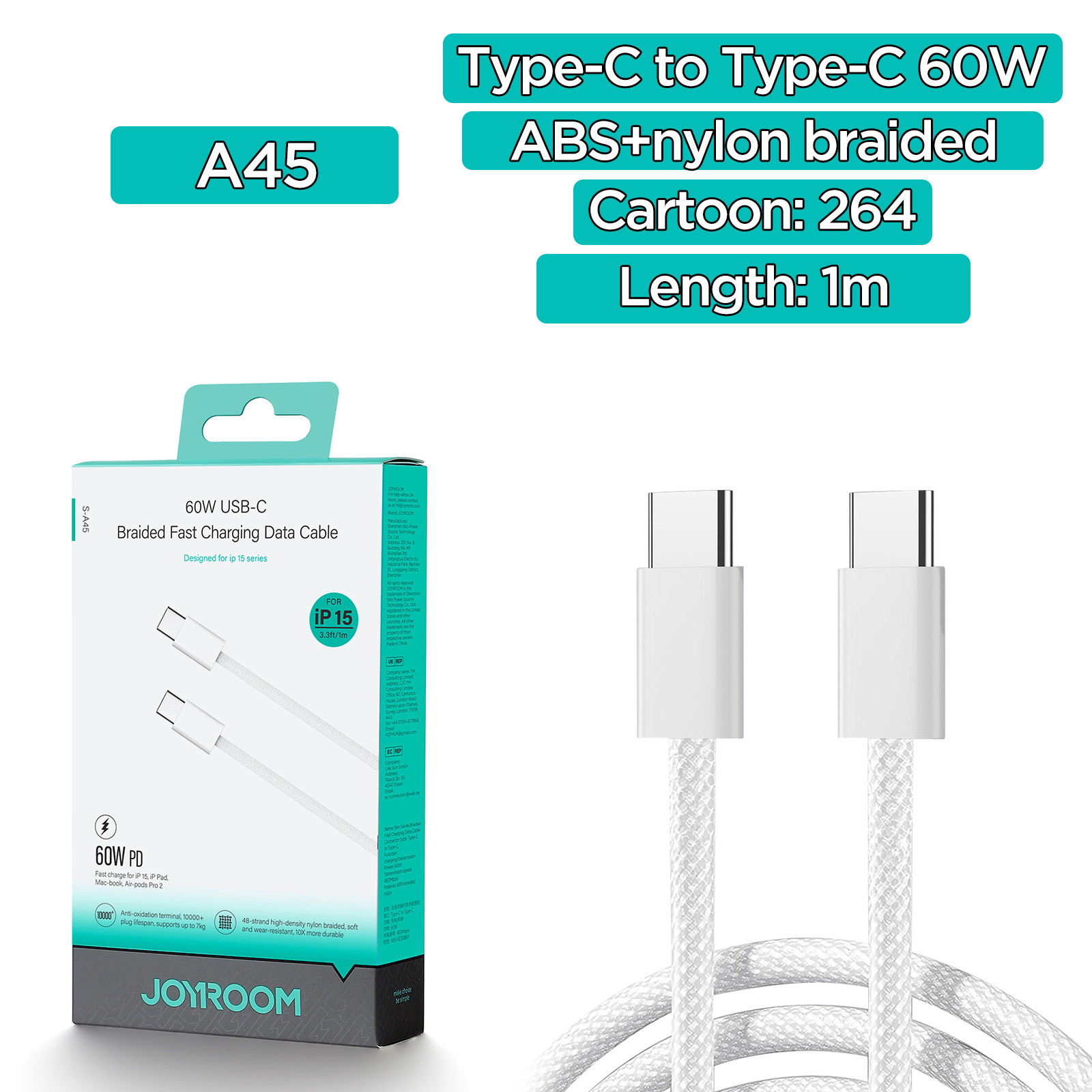 JOYROOM New Hot 1m Braided 60W Fast Charging Transmission Usb Cable Type-C to Type-C Data Cable