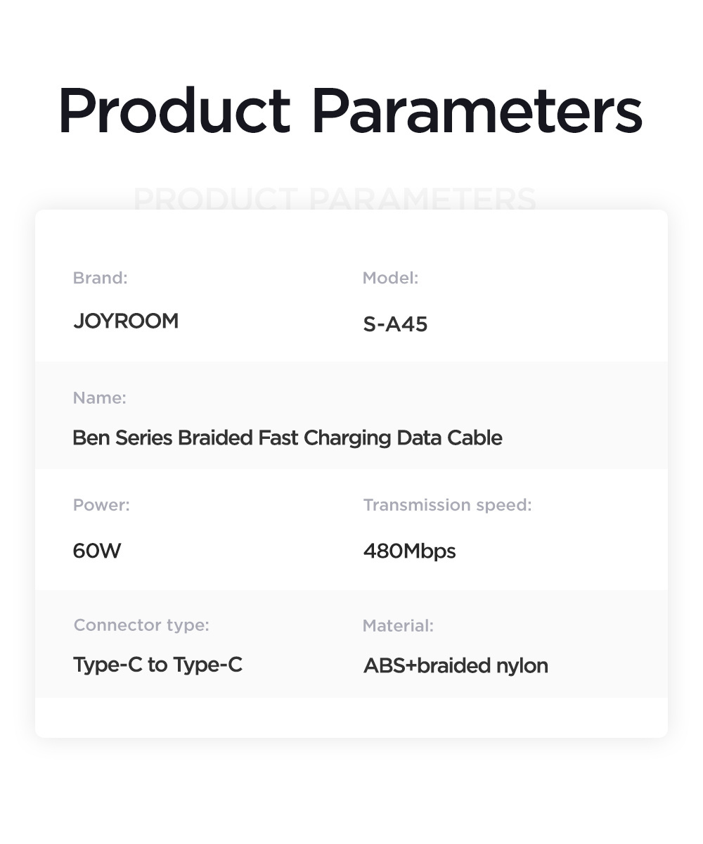 JOYROOM New Hot 1m Braided 60W Fast Charging Transmission Usb Cable Type-C to Type-C Data Cable