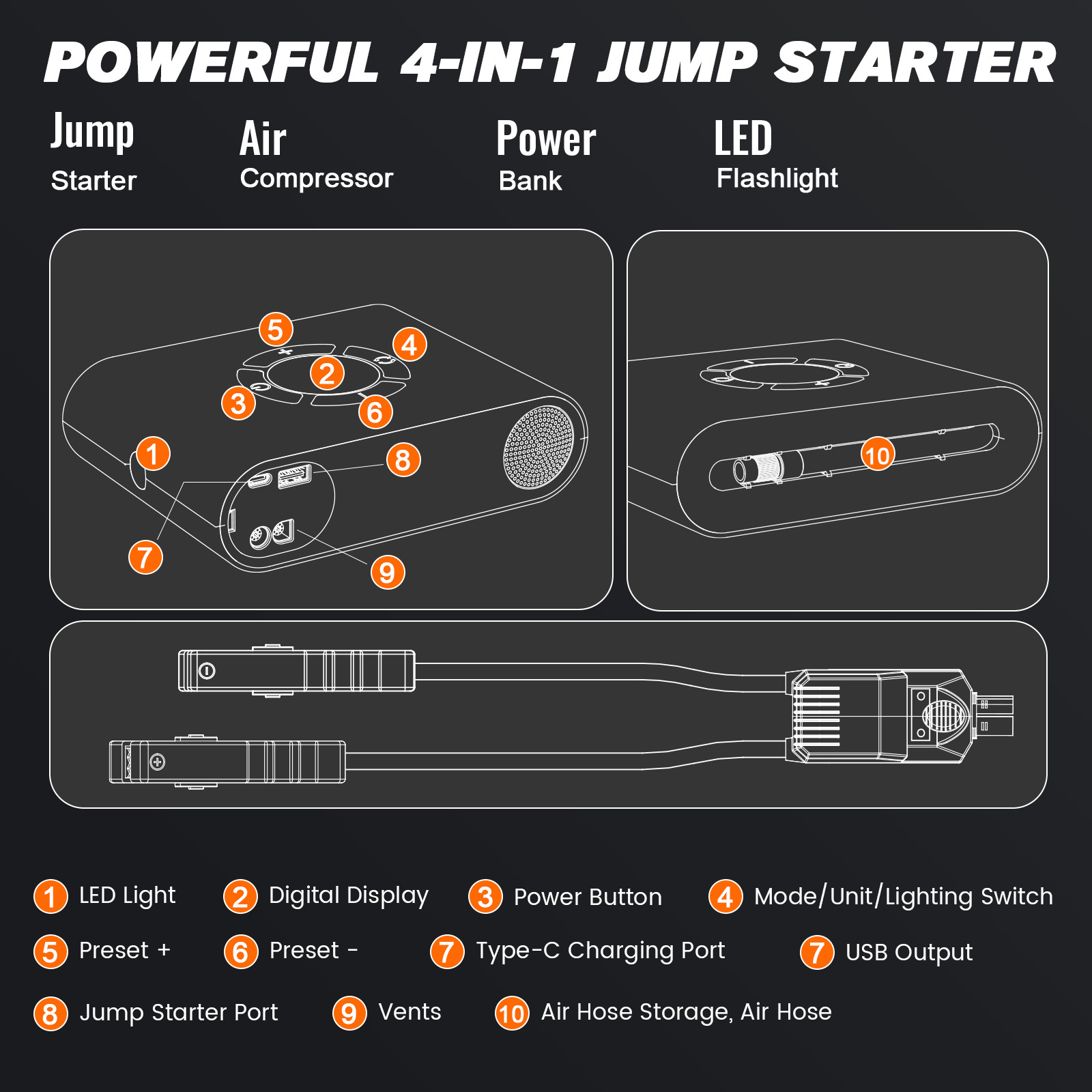 AKP-P200 Jump Starter With Tyre Inflator Jump Box With Air Compressor 150PSI Car Jump Starter With Air Pump