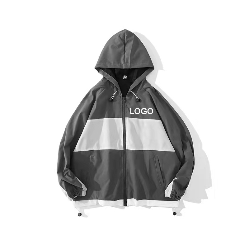 Casual Autumn Black Full Zipper Hood Polyester Lightweight Windbreaker Outwear Bomber Jacket Unisex For Mens