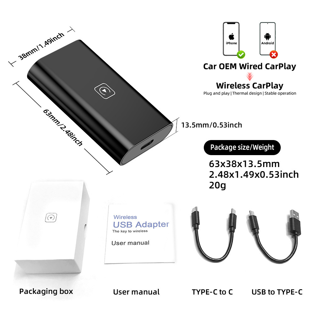 TIMEKNOW Plug Play Wireless Carplay Adapter Carplay Dongle Ai Box Wired to Wireless for iPhone for Cars from 2015 & iOS 10+