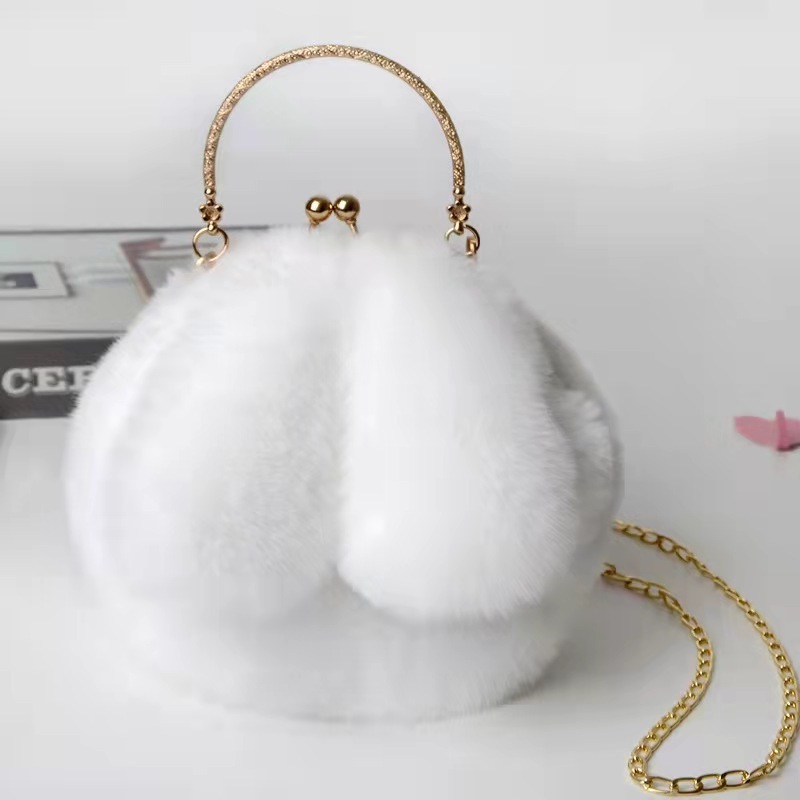 Plush Bag Female Oblique Fashion Crossbody Shoulder Bag Lovely Chain Women Handbag  Autumn Winter Rabbit Ear Clip Mouth Bag