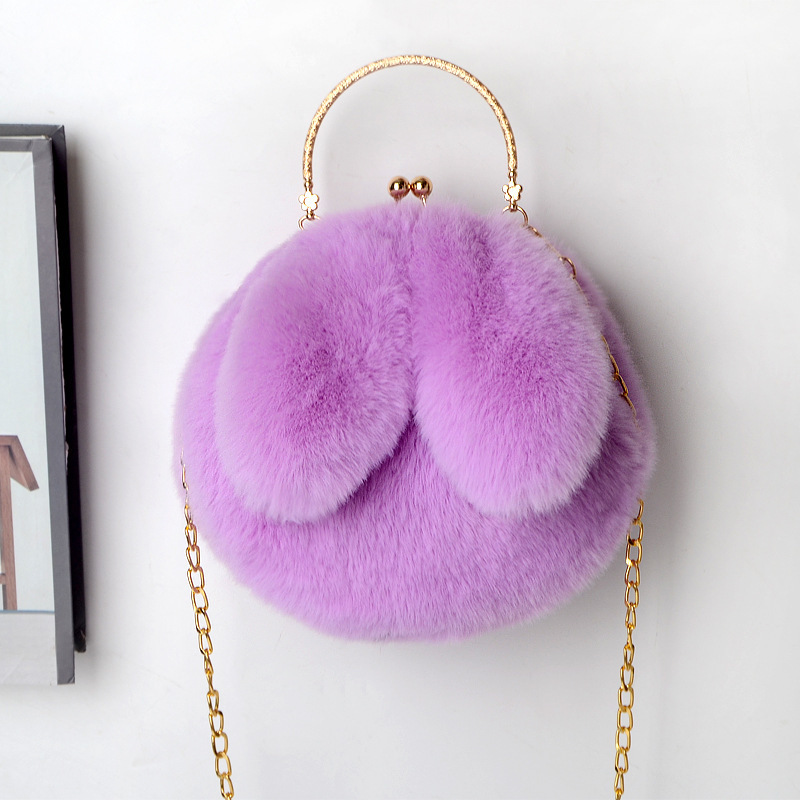 Plush Bag Female Oblique Fashion Crossbody Shoulder Bag Lovely Chain Women Handbag  Autumn Winter Rabbit Ear Clip Mouth Bag