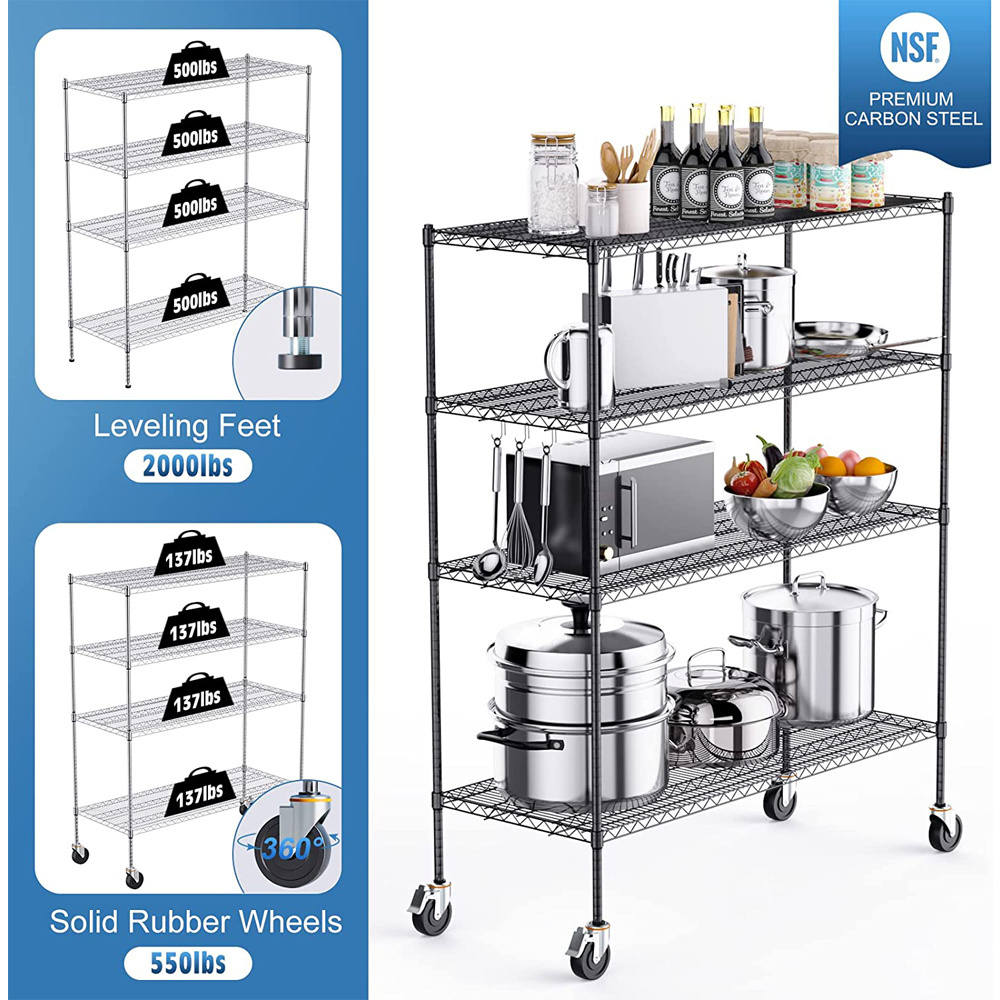 Movable powder coating wire rack 4-Tier Black Adjustable Steel Wire Shelving heavy duty wire shelving with wheels