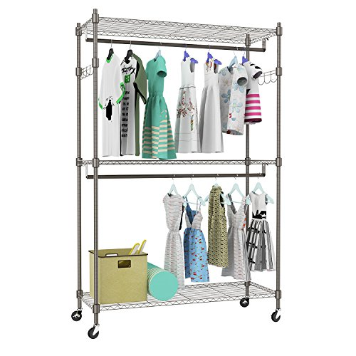 Heavy Duty Rolling Garment Rack 3-Tiers Wire Shelving