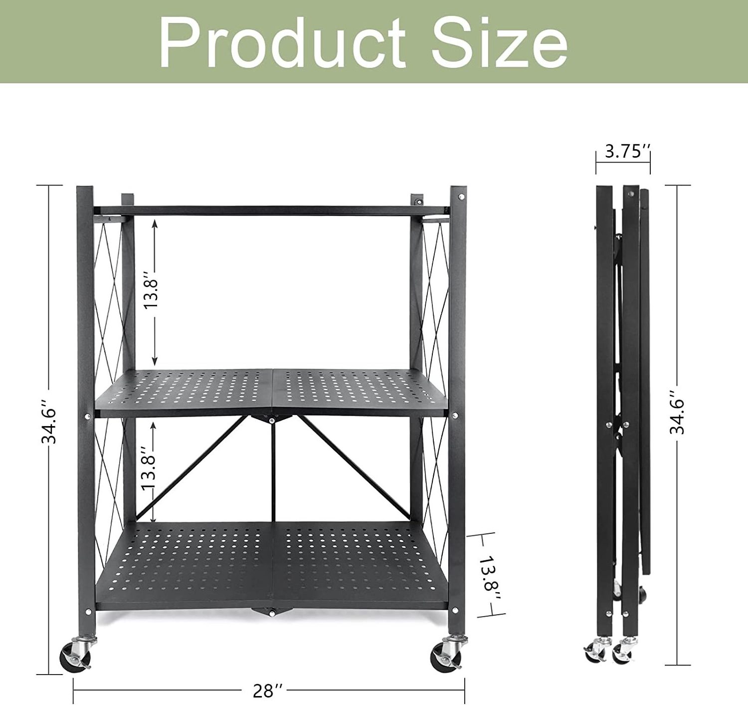 3-Shelf Foldable Storage Shelves with Wheels Large Capacity Shelving Unit  Freestanding Metal Wire Shelf Rack, No Assembly Orga