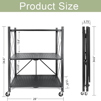 3-Shelf Foldable Storage Shelves with Wheels Large Capacity Shelving Unit  Freestanding Metal Wire Shelf Rack, No Assembly Orga