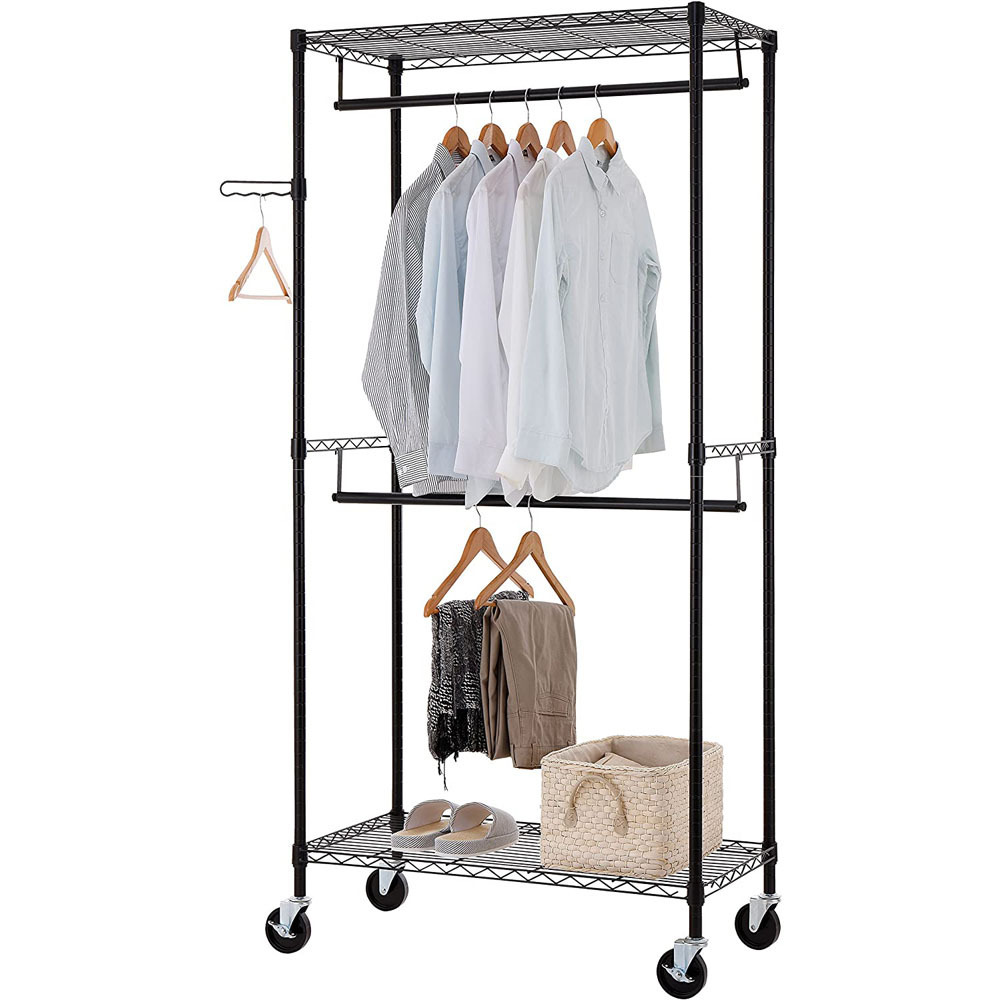 Heavy Duty Rolling Garment Rack Clothes Rack with Double Hanger Rods and Shelves Portable Closet Organizer with Wheels,