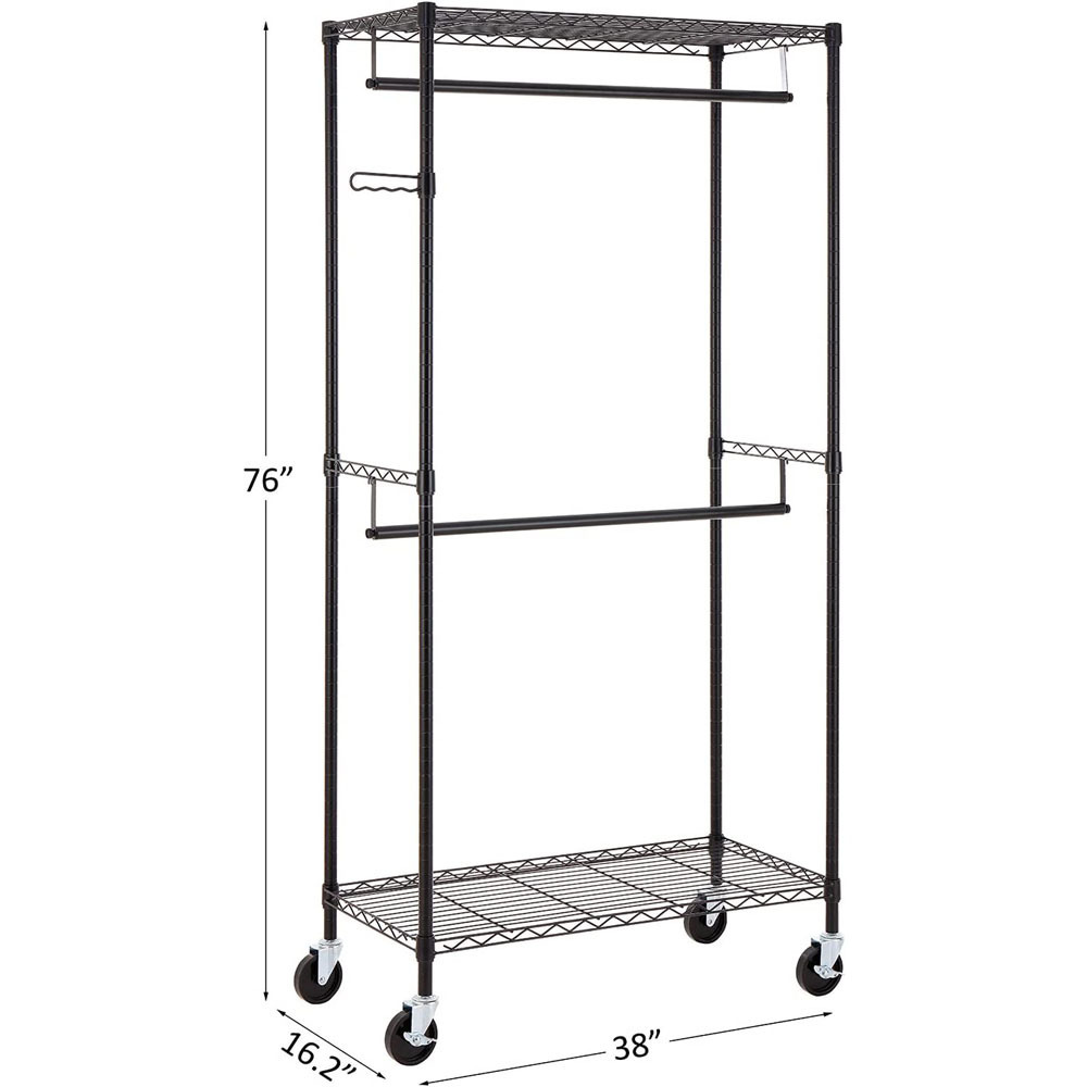 Heavy Duty Rolling Garment Rack Clothes Rack with Double Hanger Rods and Shelves Portable Closet Organizer with Wheels,