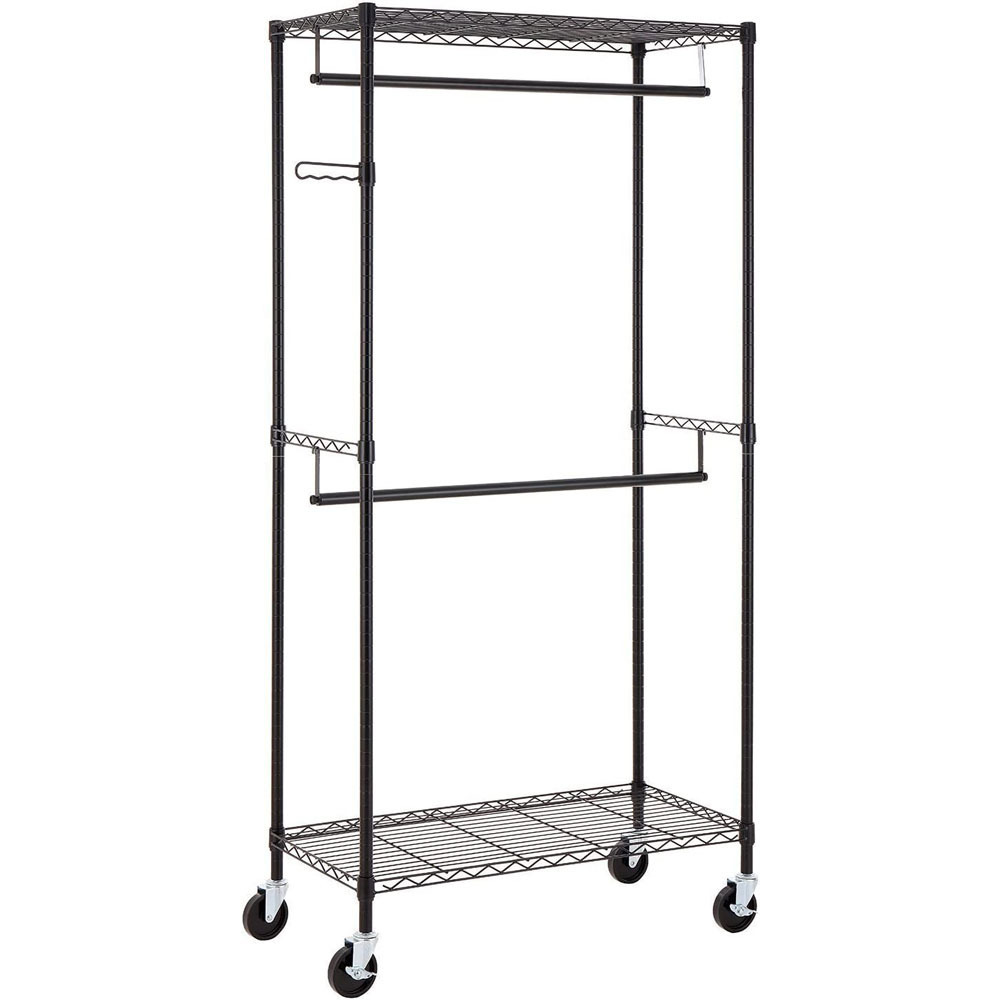 Heavy Duty Rolling Garment Rack Clothes Rack with Double Hanger Rods and Shelves Portable Closet Organizer with Wheels,