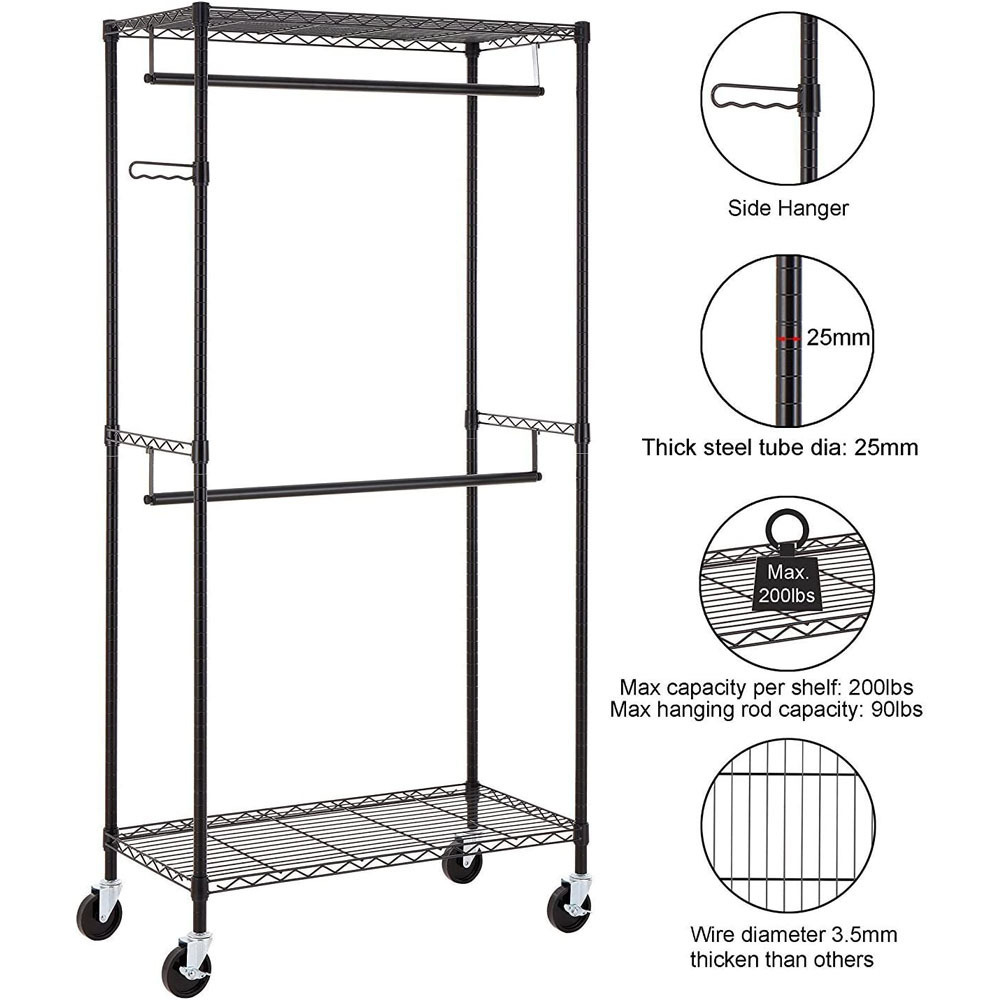 Heavy Duty Rolling Garment Rack Clothes Rack with Double Hanger Rods and Shelves Portable Closet Organizer with Wheels,