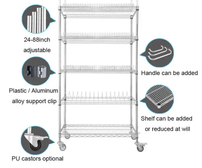 Hot Selling SMT Reel Use Shelf ESD Chrome 5 tiers Light Duty Wire Racking Manufacturer stainless steel wire shelving