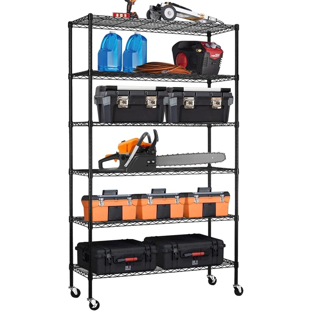 6-Tier Storage Shelves on Wheels  Movable Wire Shelf for Restaurant Garage Kitchen Pantry Commercial Rack, Black