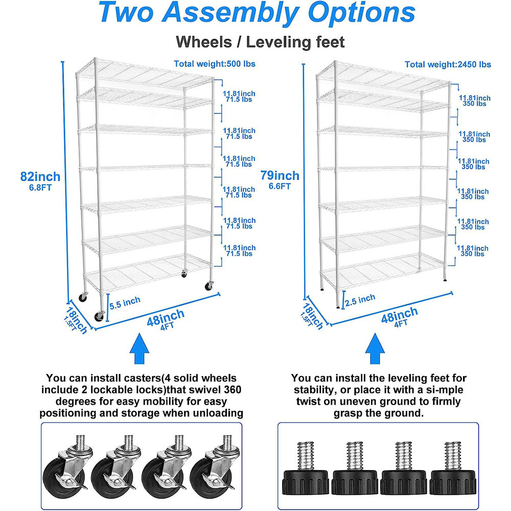 6 Tier Layer Shelf Adjustable Wire Metal Shelving Sliding office wire racking Industrial storage wire shelving