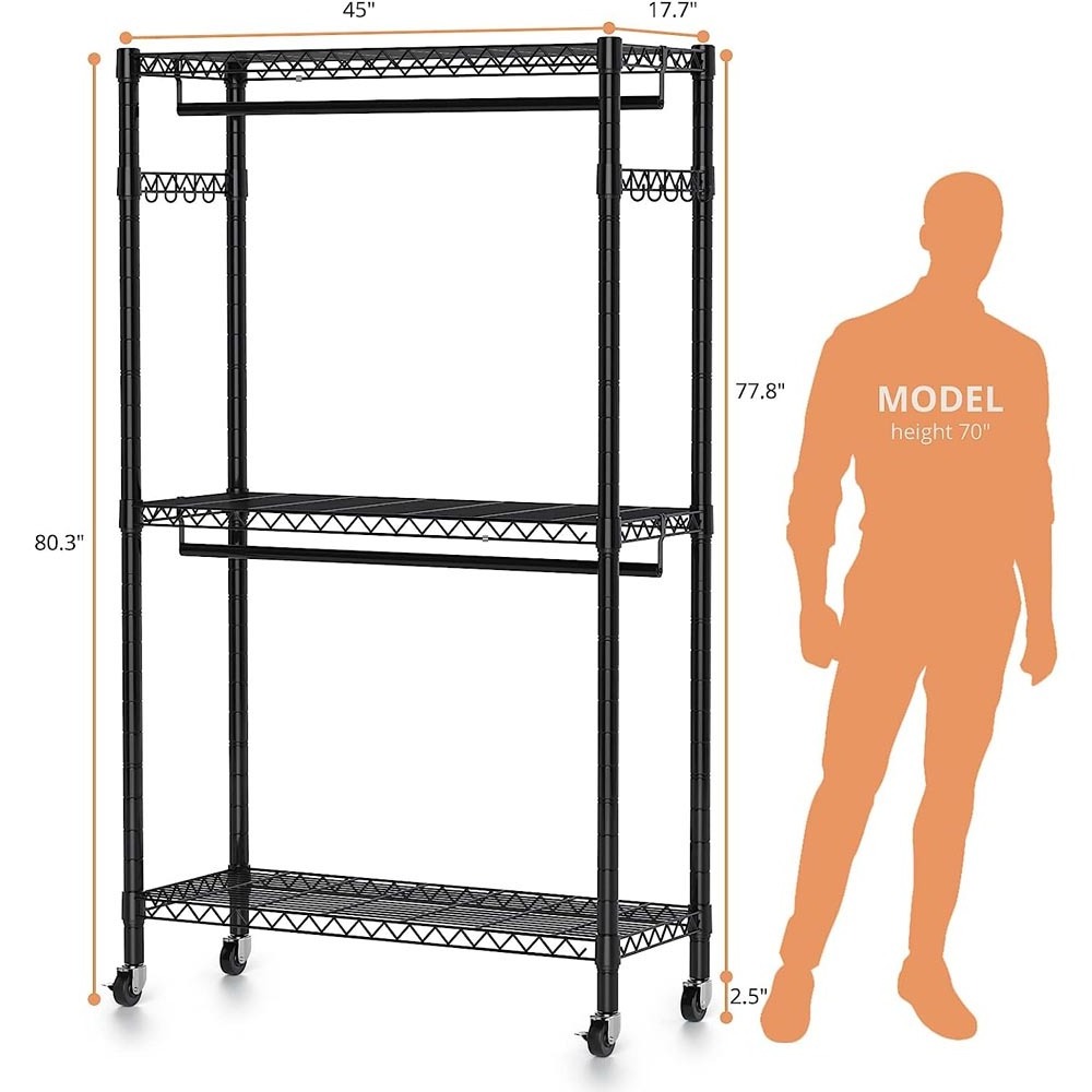 3-Tier Adjustable Garment Clothes Clothing Racks for Hanging Clothes With Shelves Double Rod Clothes Hanger Rack for Closet,