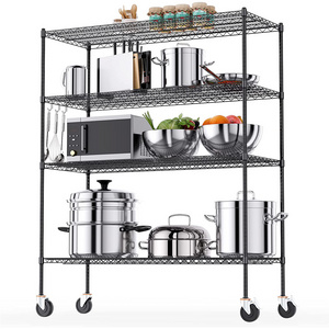 Movable powder coating wire rack 4-Tier Black Adjustable Steel Wire Shelving heavy duty wire shelving with wheels