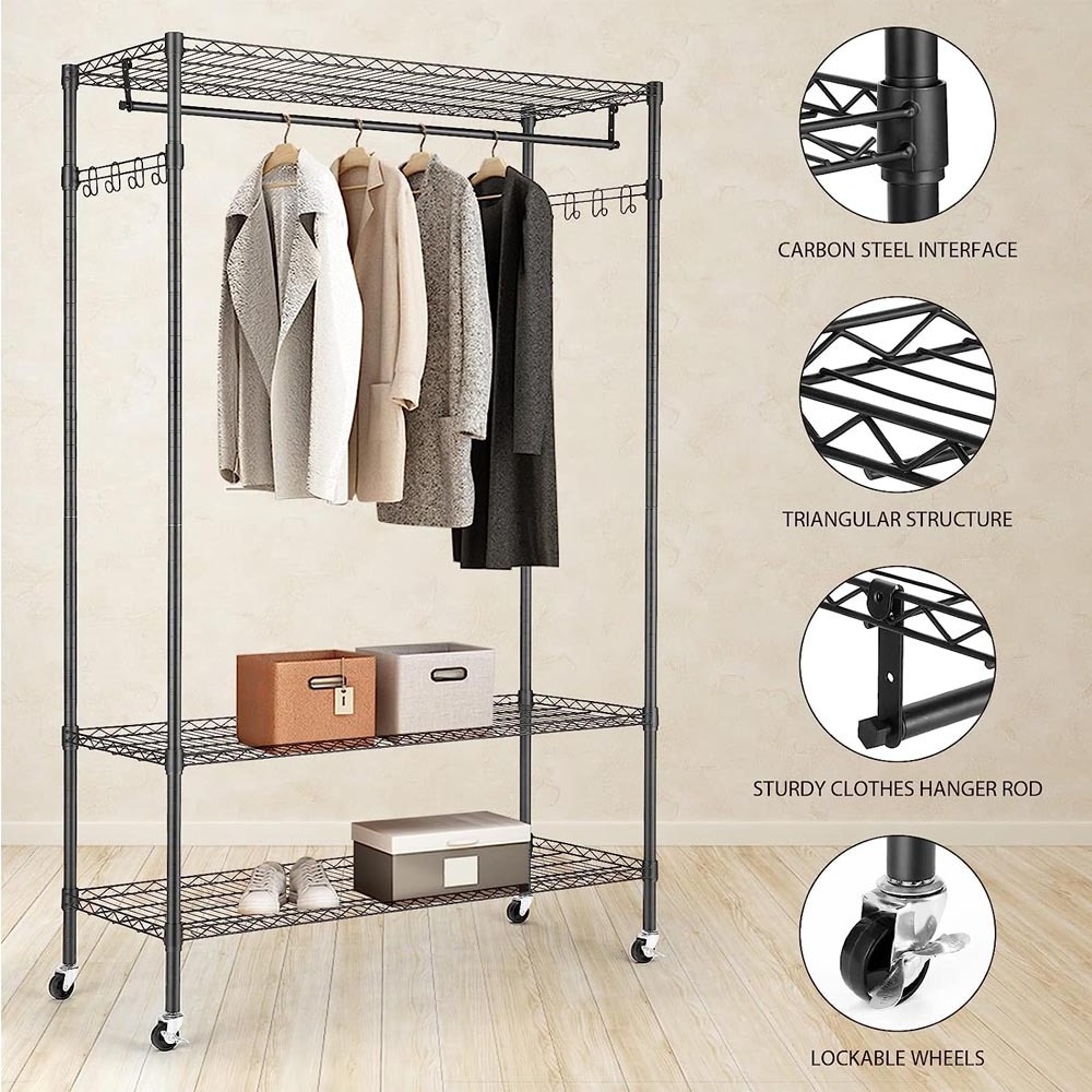 3 Tiers Garment Racks with Storage Shelves,  Portable Clothes Rack for hanging clothes WHanger Bar & Wheels & 1 Pair Side Hooks,