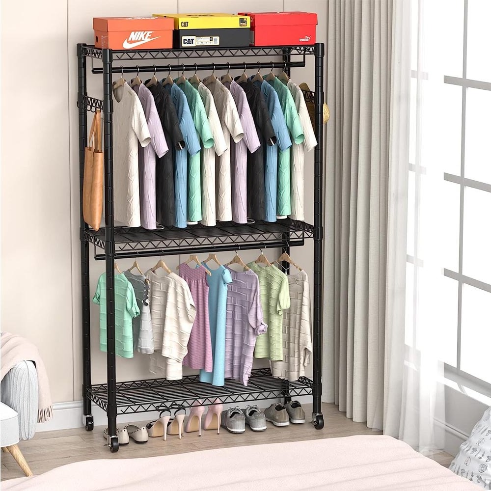 3-Tier Adjustable Garment Clothes Clothing Racks for Hanging Clothes With Shelves Double Rod Clothes Hanger Rack for Closet,