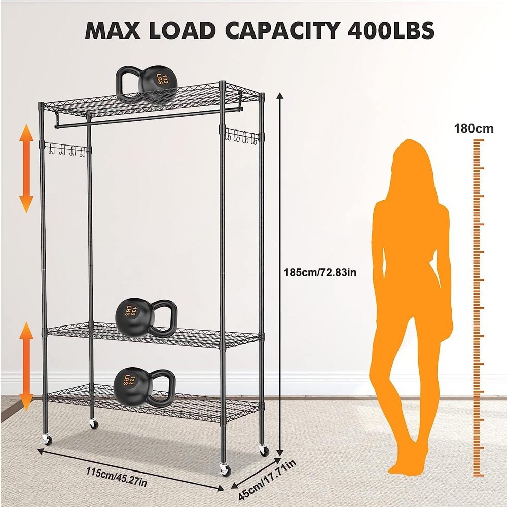 3 Tiers Garment Racks with Storage Shelves,  Portable Clothes Rack for hanging clothes WHanger Bar & Wheels & 1 Pair Side Hooks,