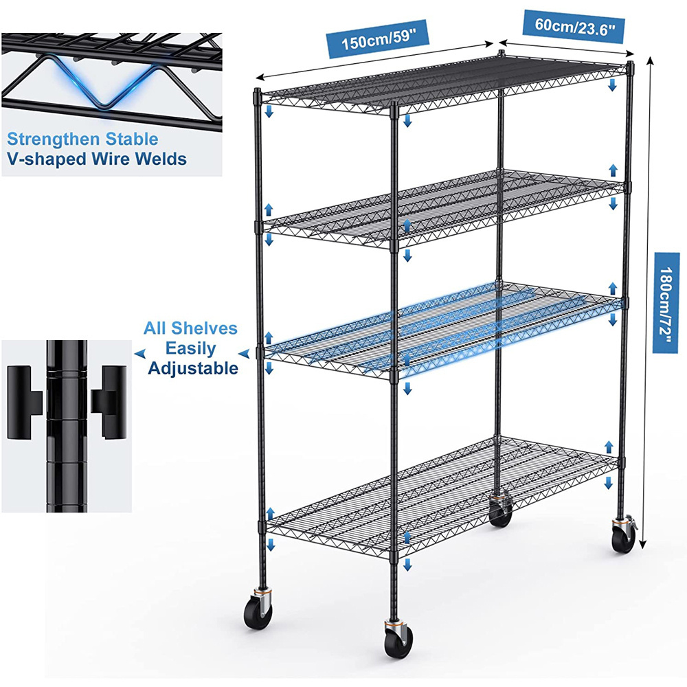 Movable powder coating wire rack 4-Tier Black Adjustable Steel Wire Shelving heavy duty wire shelving with wheels