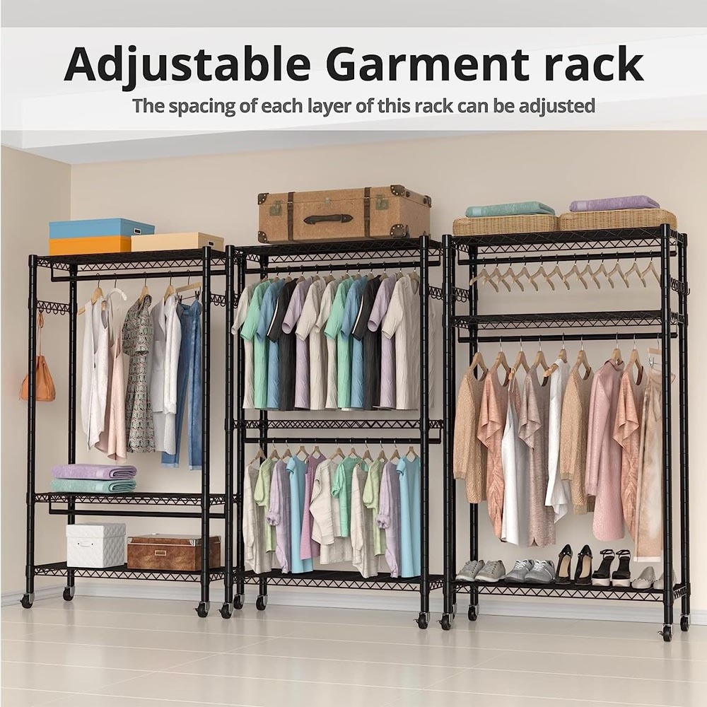 3-Tier Adjustable Garment Clothes Clothing Racks for Hanging Clothes With Shelves Double Rod Clothes Hanger Rack for Closet,