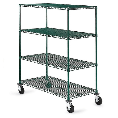 4 Tier Green Epoxy Metal Commercial Mobile Wire Shelving in Plant Growing Environment