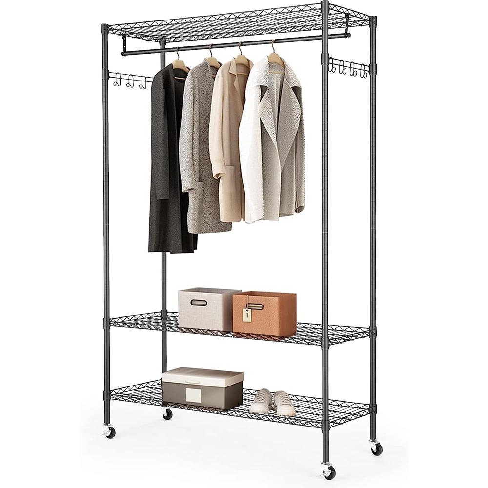 3 Tiers Garment Racks with Storage Shelves,  Portable Clothes Rack for hanging clothes 1 Pole&4 Wheels&1 Pair Side Hooks