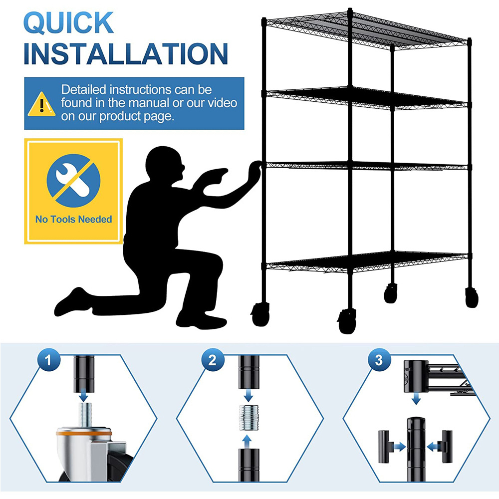 Movable powder coating wire rack 4-Tier Black Adjustable Steel Wire Shelving heavy duty wire shelving with wheels