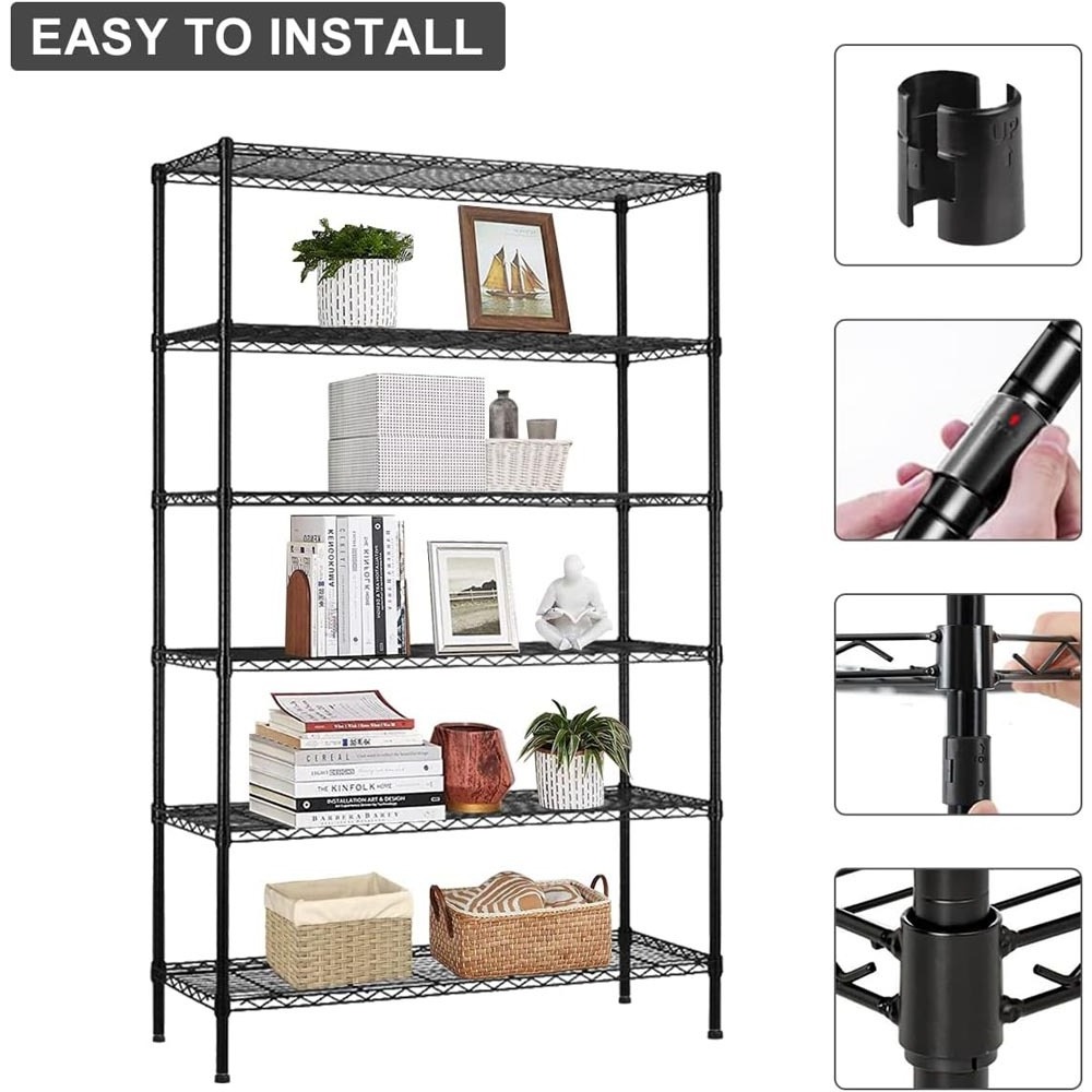 Black 6-Tier Storage Shelves on Wheels  Movable Wire Shelf for Restaurant Garage Kitchen Pantry Commercial Rack